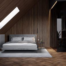 Ribbon-Wood Walnut väggar och tak i sovrum