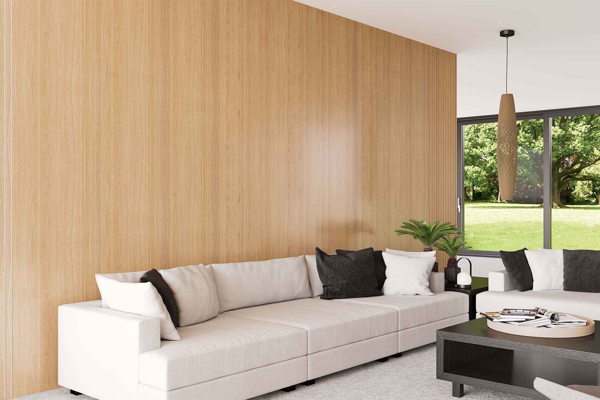 WS-Wood and classic oak slat wall in livingroom side view