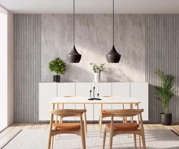 WS Zement and Ribbon-Design Zement with Grey RecoSilent in dining room