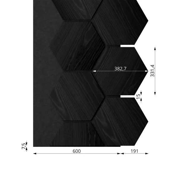 Ribbon-Hexagon Black Diamond Ash joint panel with black acoustic felt with dimensions