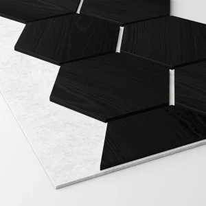 Ribbon-Hexagon Black Diamond Ash joint panel with white acoustic felt with dimensions