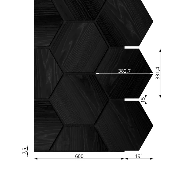 Ribbon-Hexagon Black Diamond Ash start panel with White acoustic felt with dimensions