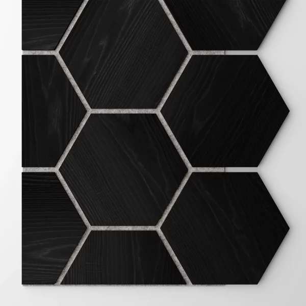 Ribbon-Hexagon Black Diamond Ash start panel with white acoustic felt with dimensions